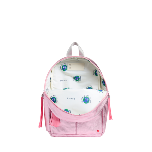 STATE Bags Kane Mini Backpack in Pink/Silver, compact backpack for ages 2-4, detail view