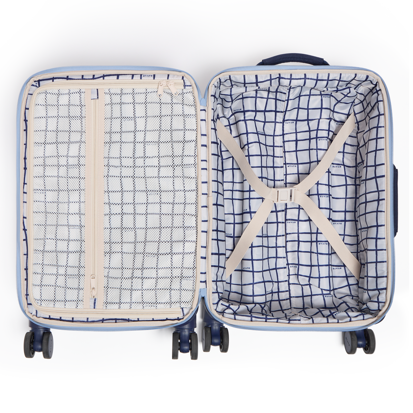 Logan Carry-On Suitcase in Navy, wheels and handle detail
