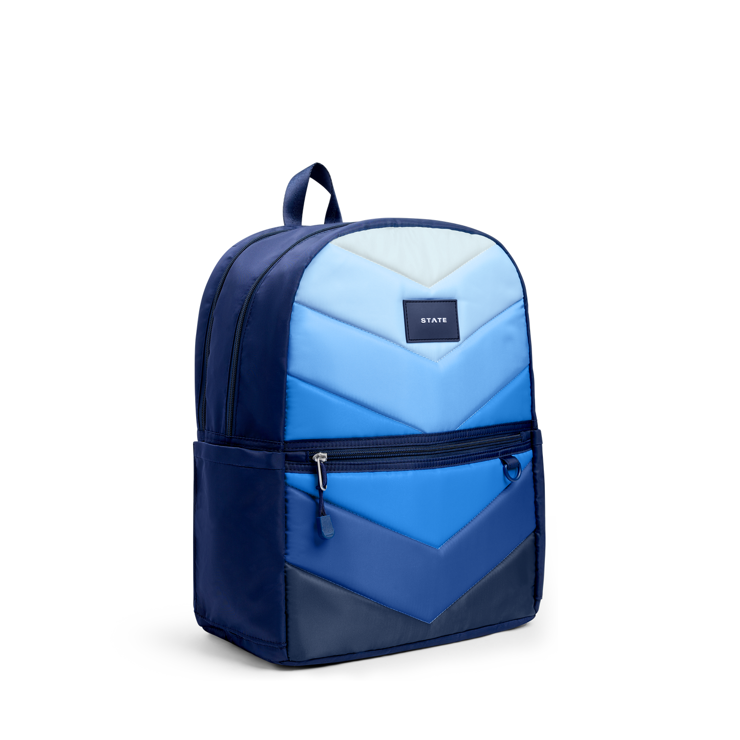 Kane Double Pocket Backpack in Blue Chevron, side detail