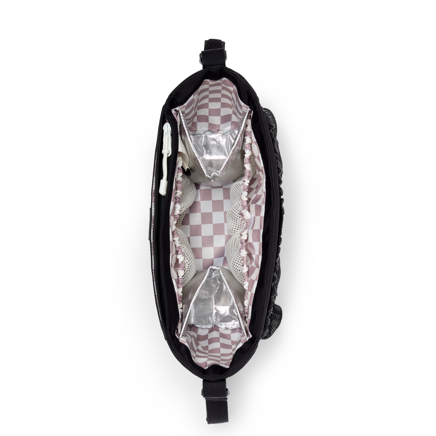 Stroller Organizer in Black, zip pocket detail