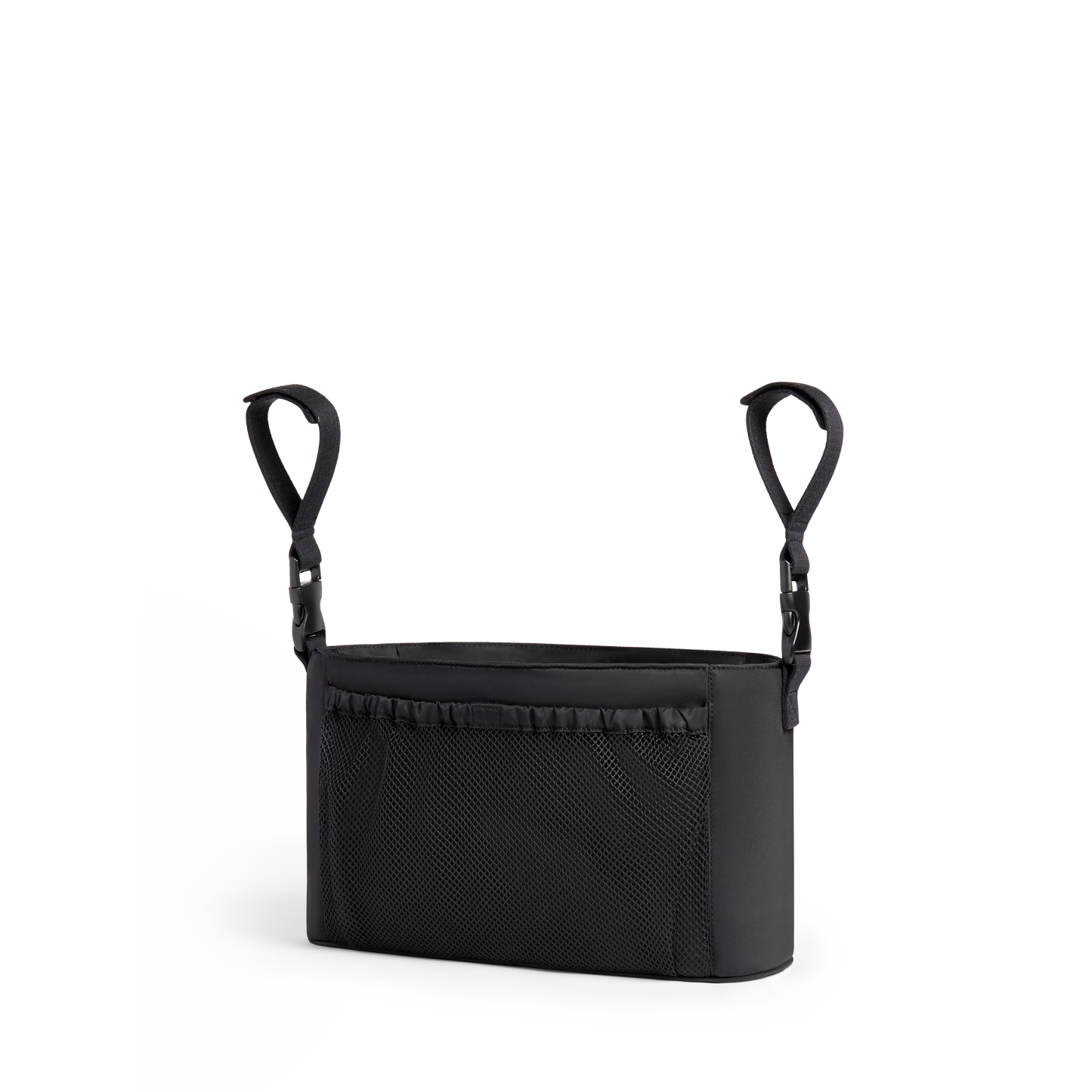 Stroller Organizer in Black, attached to stroller