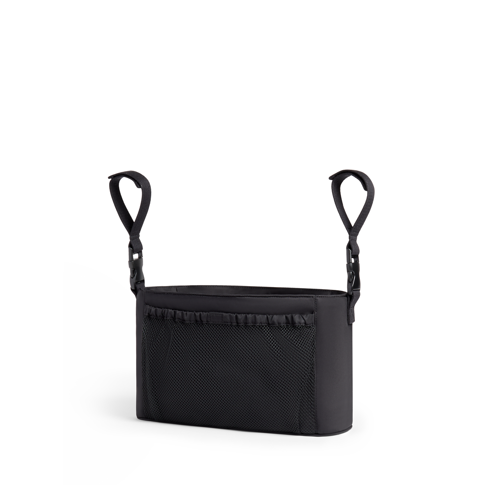 Stroller Organizer in Black, attached to stroller