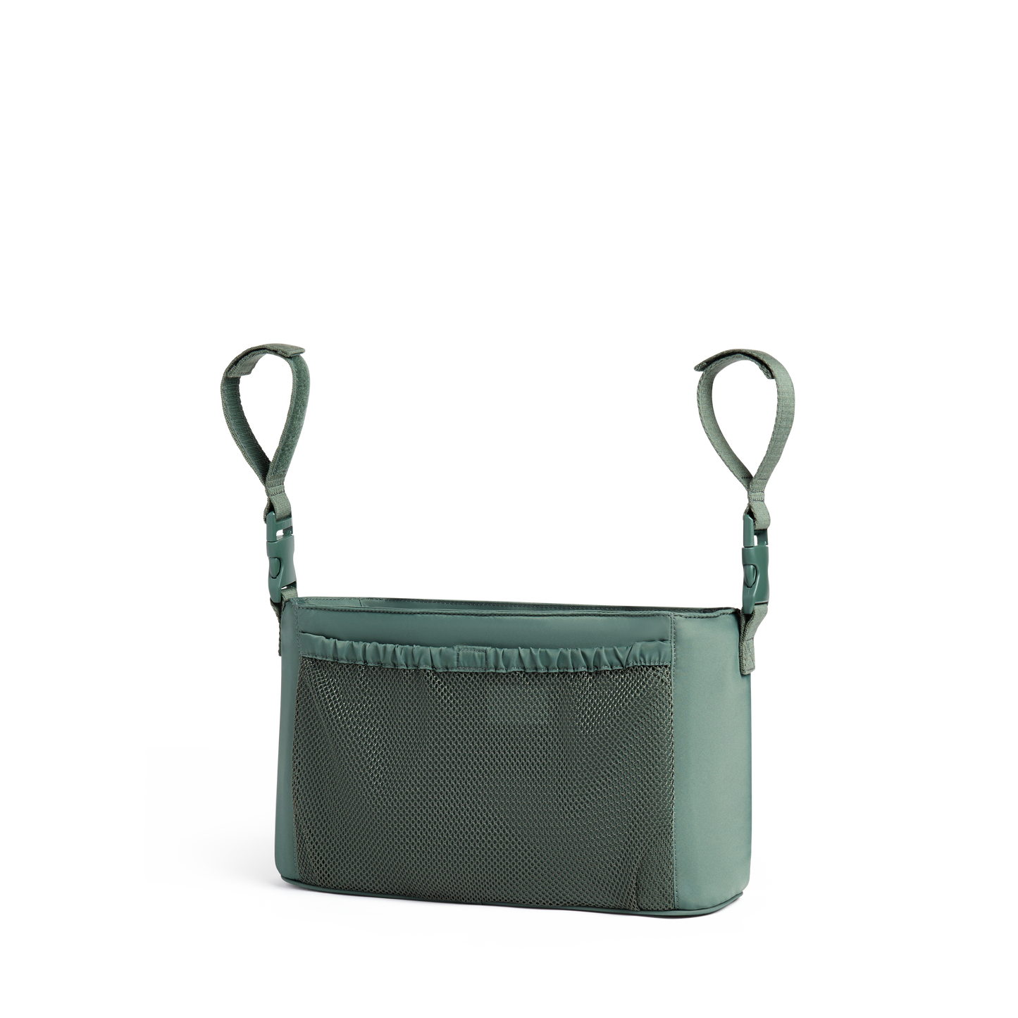 Stroller Organizer in Olive, attached to stroller
