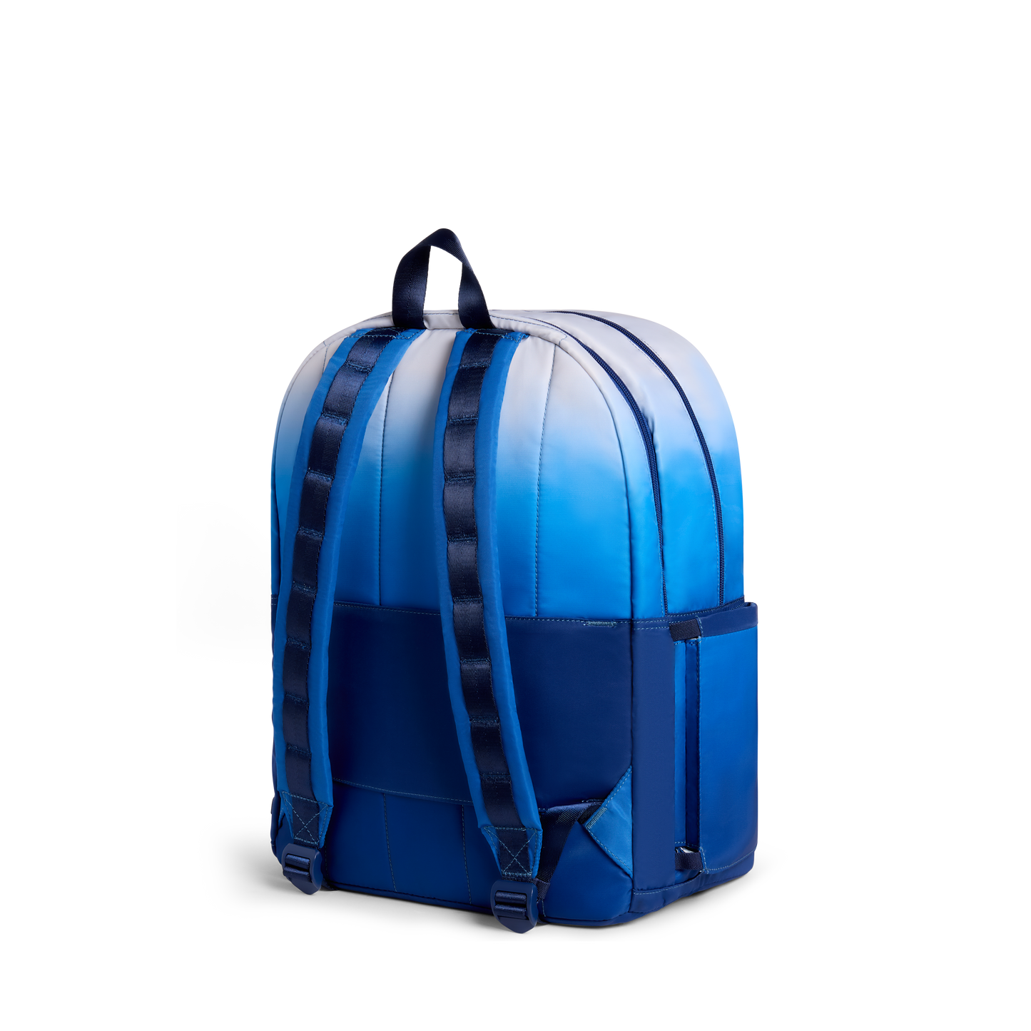 Kane Double Pocket Large Backpack in Blue Gradient Diagonal Zipper, back and straps