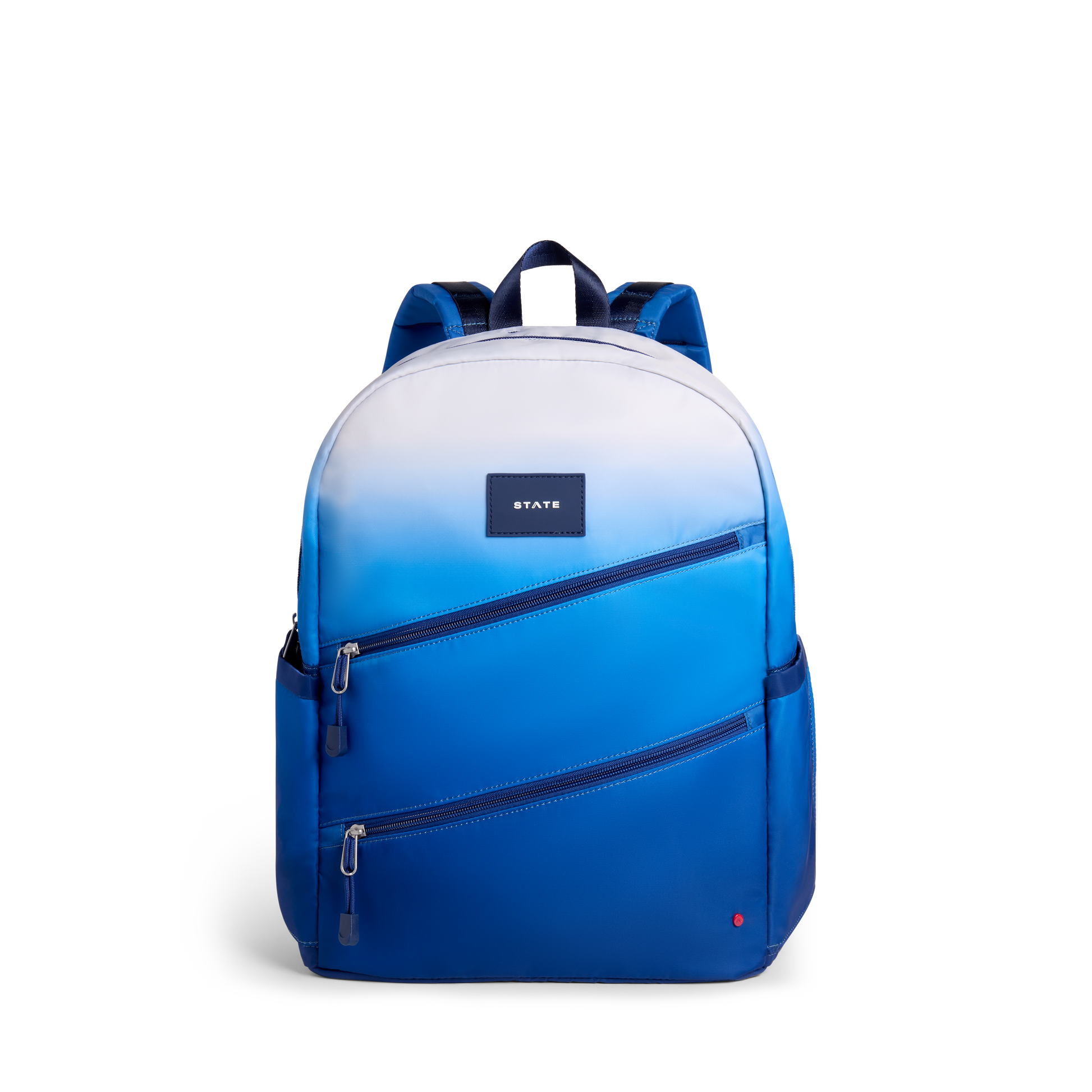 Kane Double Pocket Large Backpack in Blue Gradient Diagonal Zipper, front view