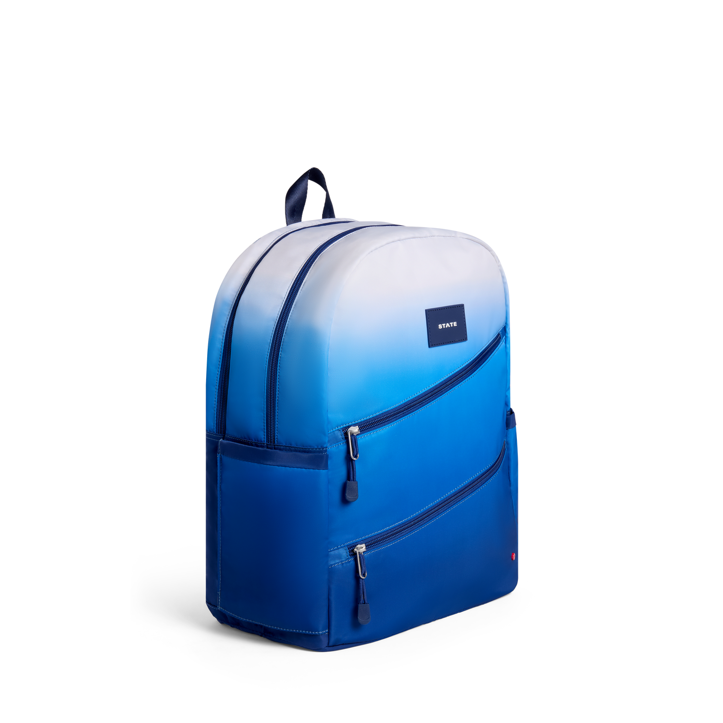 Kane Double Pocket Large Backpack in Blue Gradient Diagonal Zipper, side detail