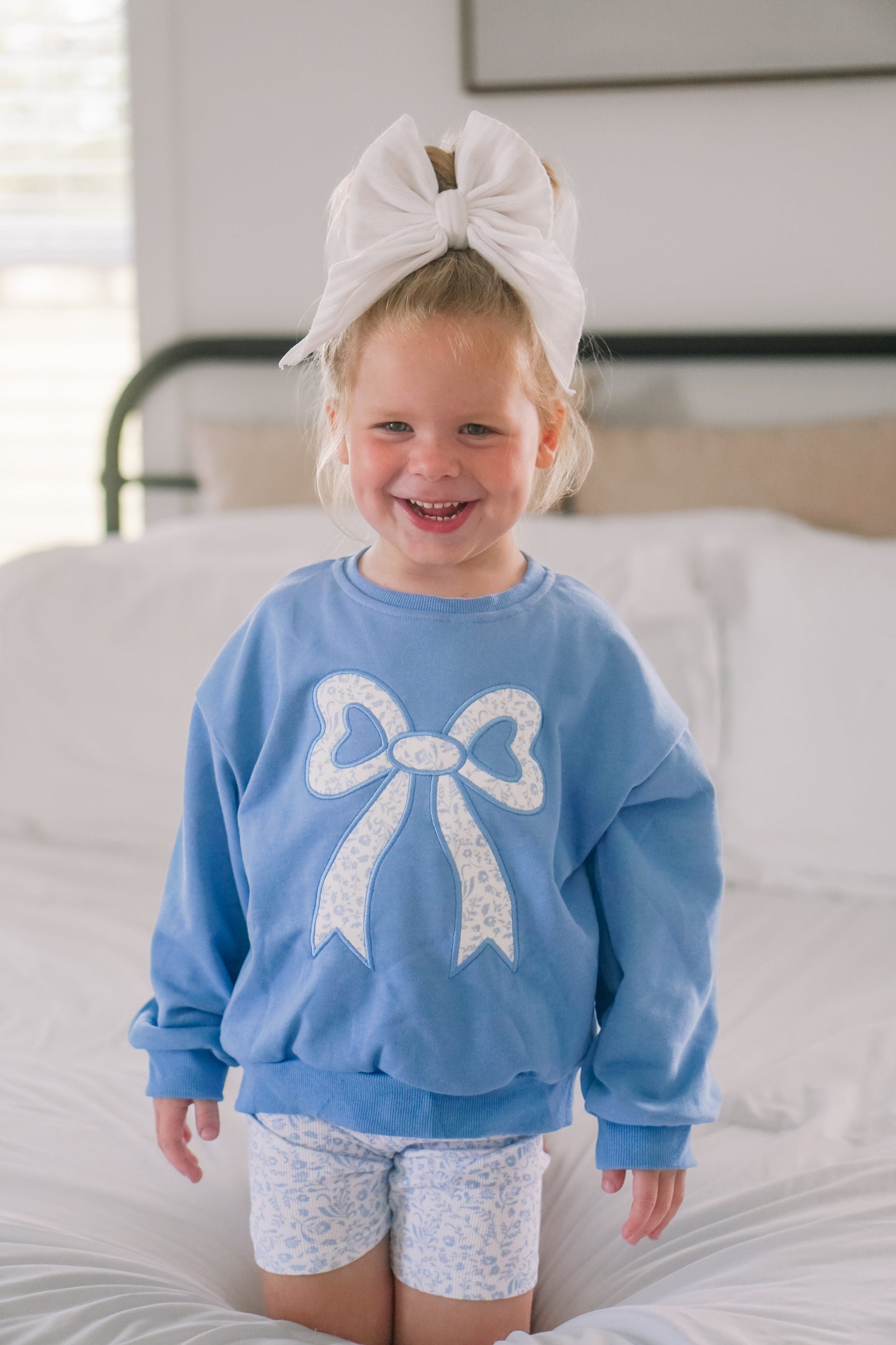 Blue Toile Applique Bow Sweatshirt Romper or Crewneck