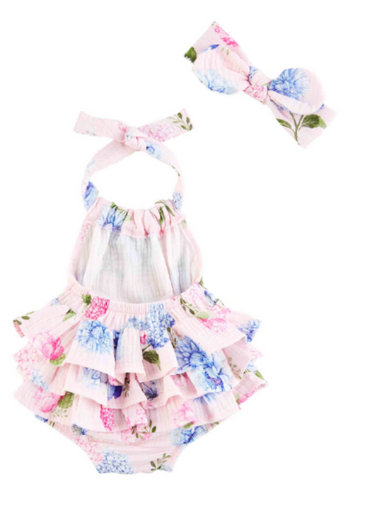 PINK HYDRANGEA BABY ROMPER SET