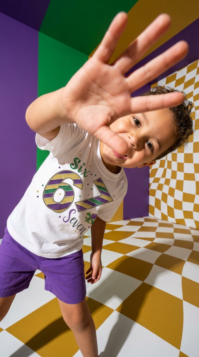 Child in a white t-shirt with colorful design and purple shorts standing on a checkered floor with a geometric background.
