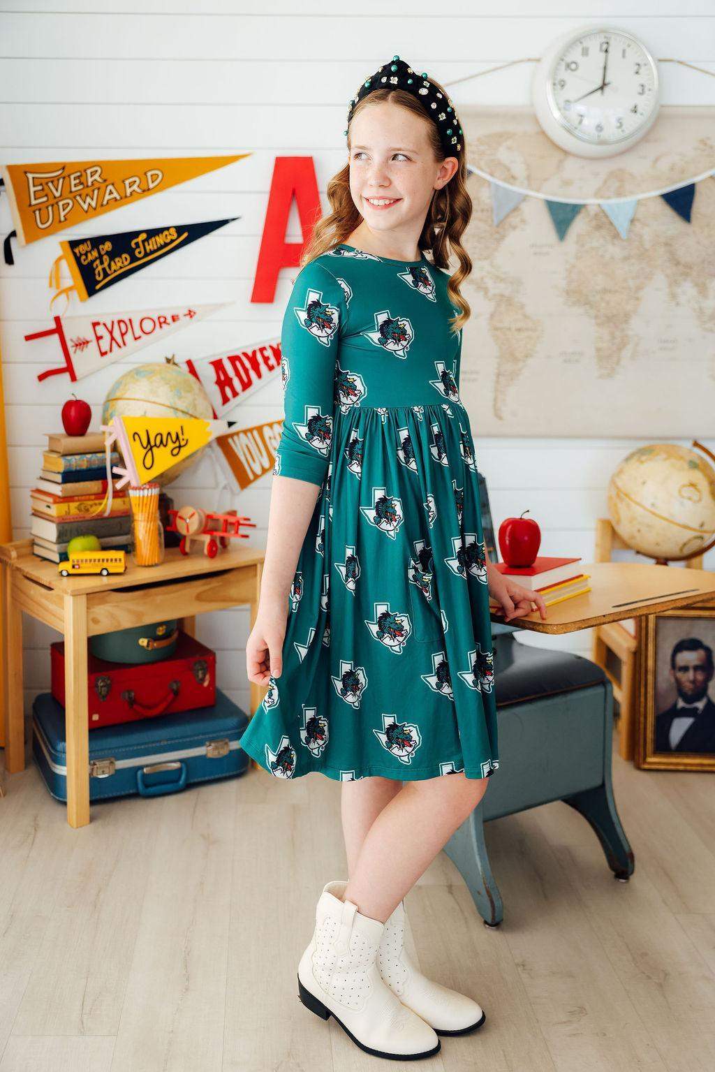 Southlake Carroll Dragons 3/4 Sleeve Pocket Twirl Dress