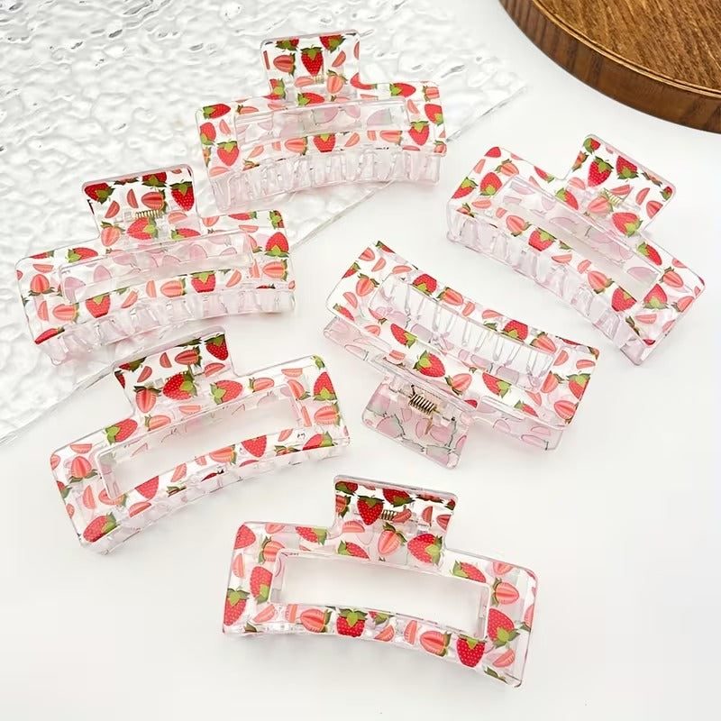 Strawberry Hair Clip Set - 6-Piece Square Claw Clips accessories front view