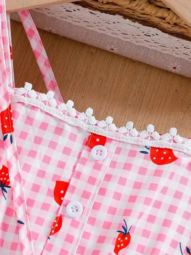 Strawberry Plaid Sleevless Dress with Purse