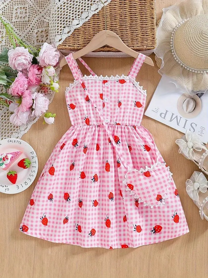 Strawberry Plaid Sleevless Dress with Purse
