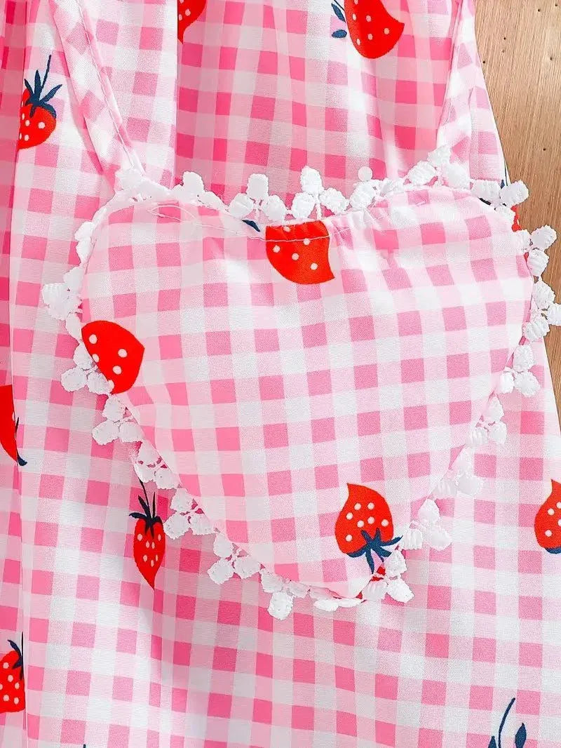 Strawberry Plaid Sleevless Dress with Purse