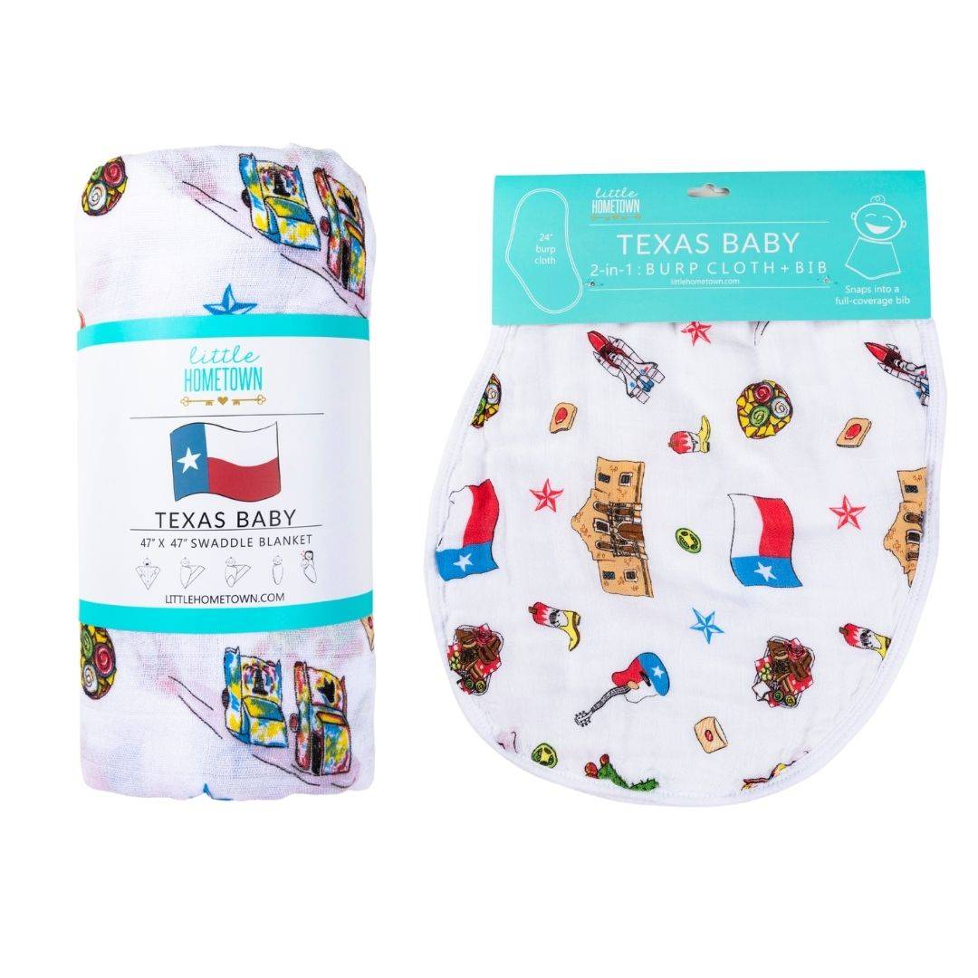 Gift Set: Texas Baby Unisex Muslin Swaddle Blanket and Burp Cloth/Bib Combo full length view
