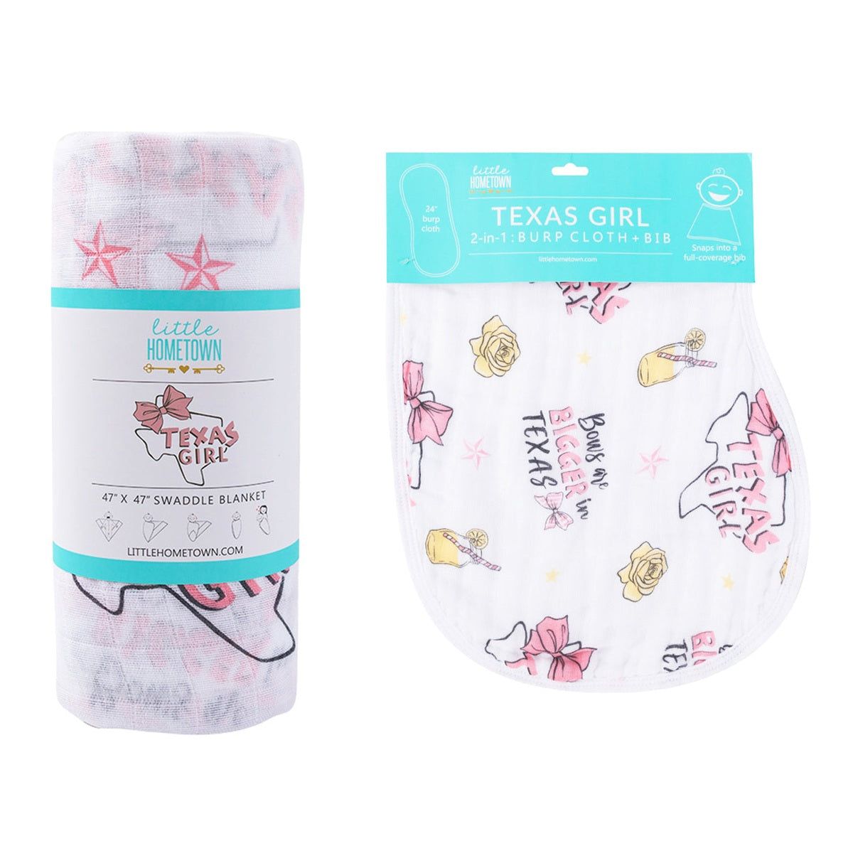 Gift Set: Texas Baby Girl Muslin Swaddle Blanket and Burp Cloth/Bib Combo back view