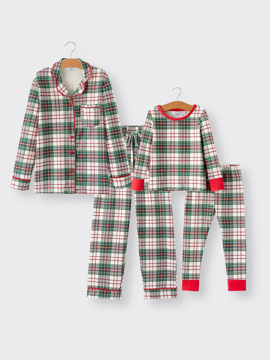 Mommy & Me Christmas Plaid Girls Pajamas Set with Long Sleeves and Red Cuffs