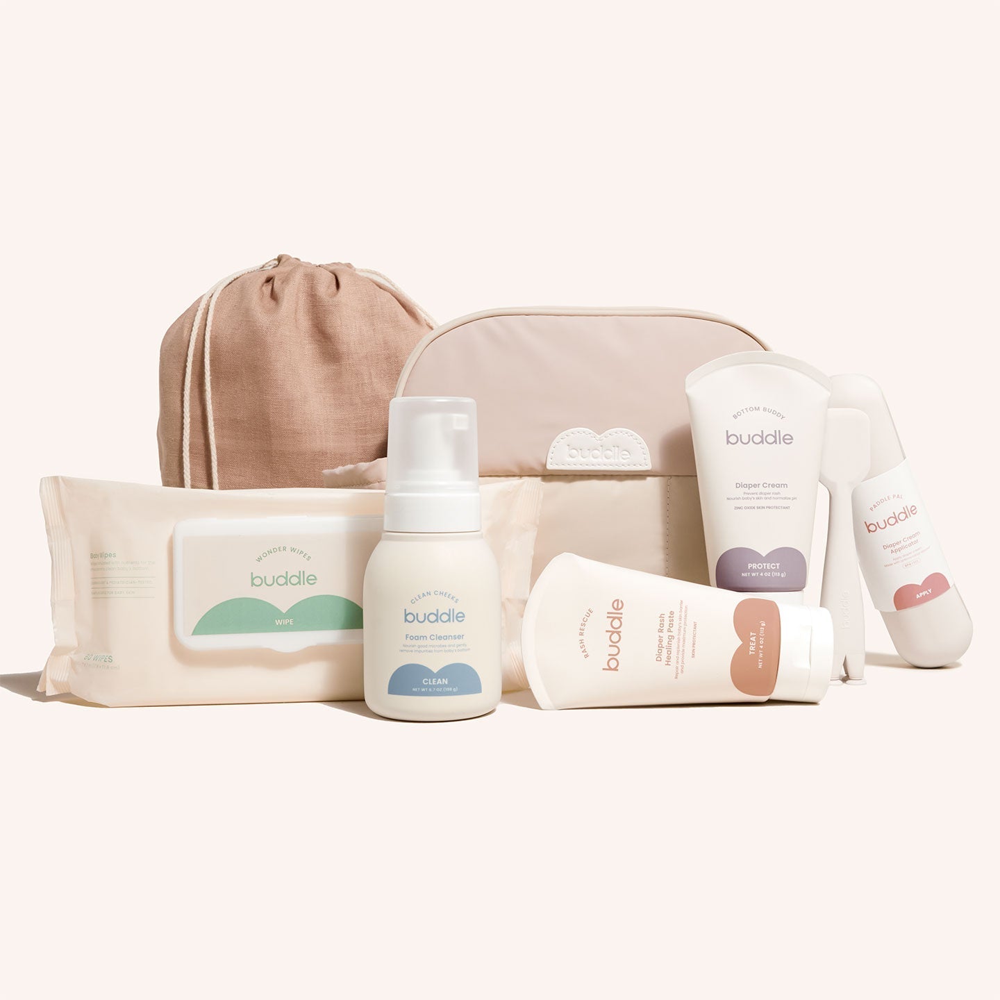 Buddle Ultimate Diaper Skincare Kit with wipes, foam cleanser, diaper cream, applicator, and carrying pouch for baby sensitive skin care