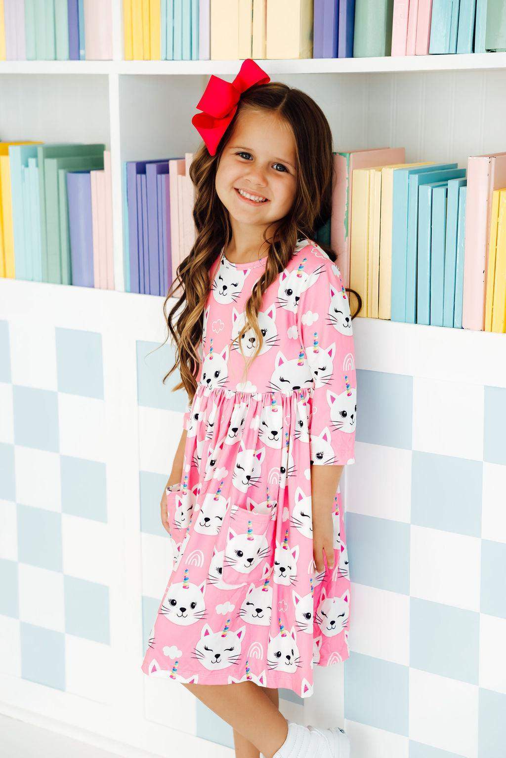 Unicorn Kitties 3/4 Sleeve Pocket Twirl Dress