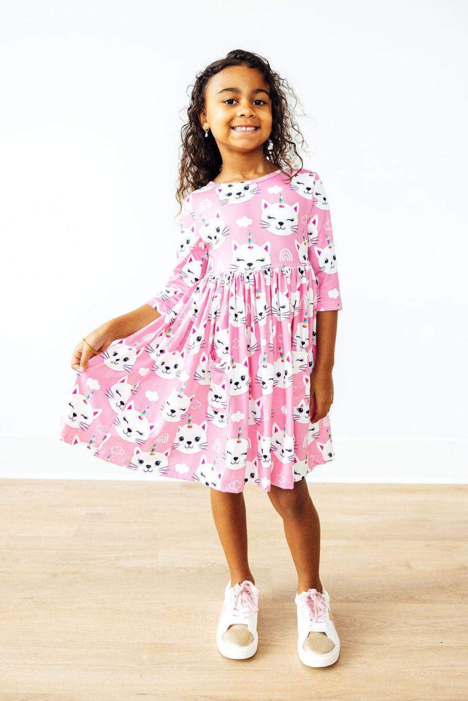Unicorn Kitties 3/4 Sleeve Pocket Twirl Dress