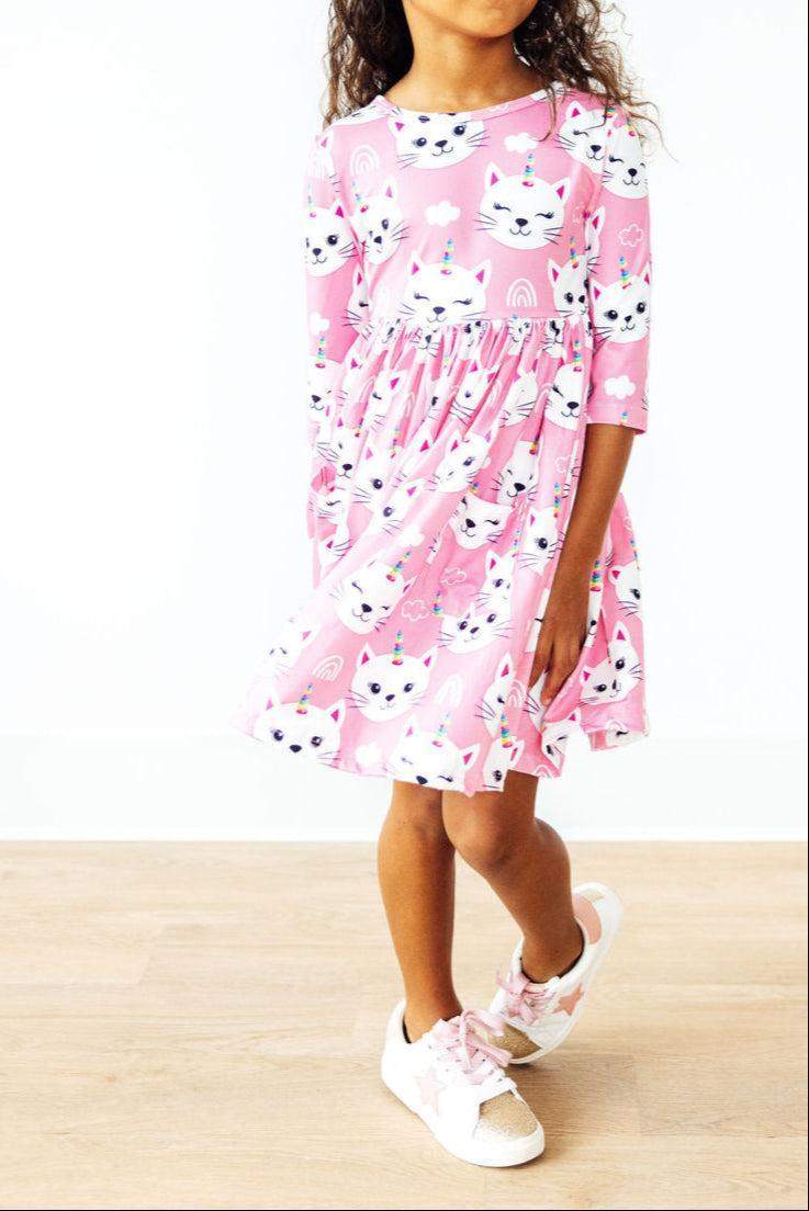 Unicorn Kitties 3/4 Sleeve Pocket Twirl Dress