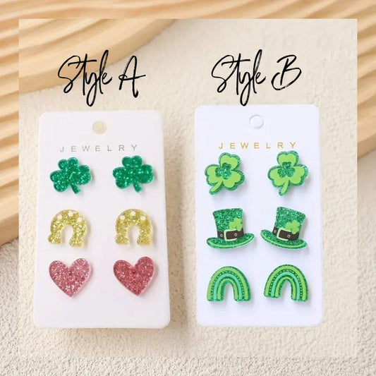 Luck of the Irish Earring Set - 3 Pair with shamrocks, horseshoes, hearts, leprechaun hats, and green rainbows.