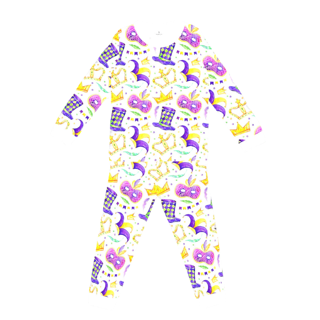 Mardi Gras bamboo pajamas for kids with colorful masks, crowns, and hats pattern, soft and stretchy fabric