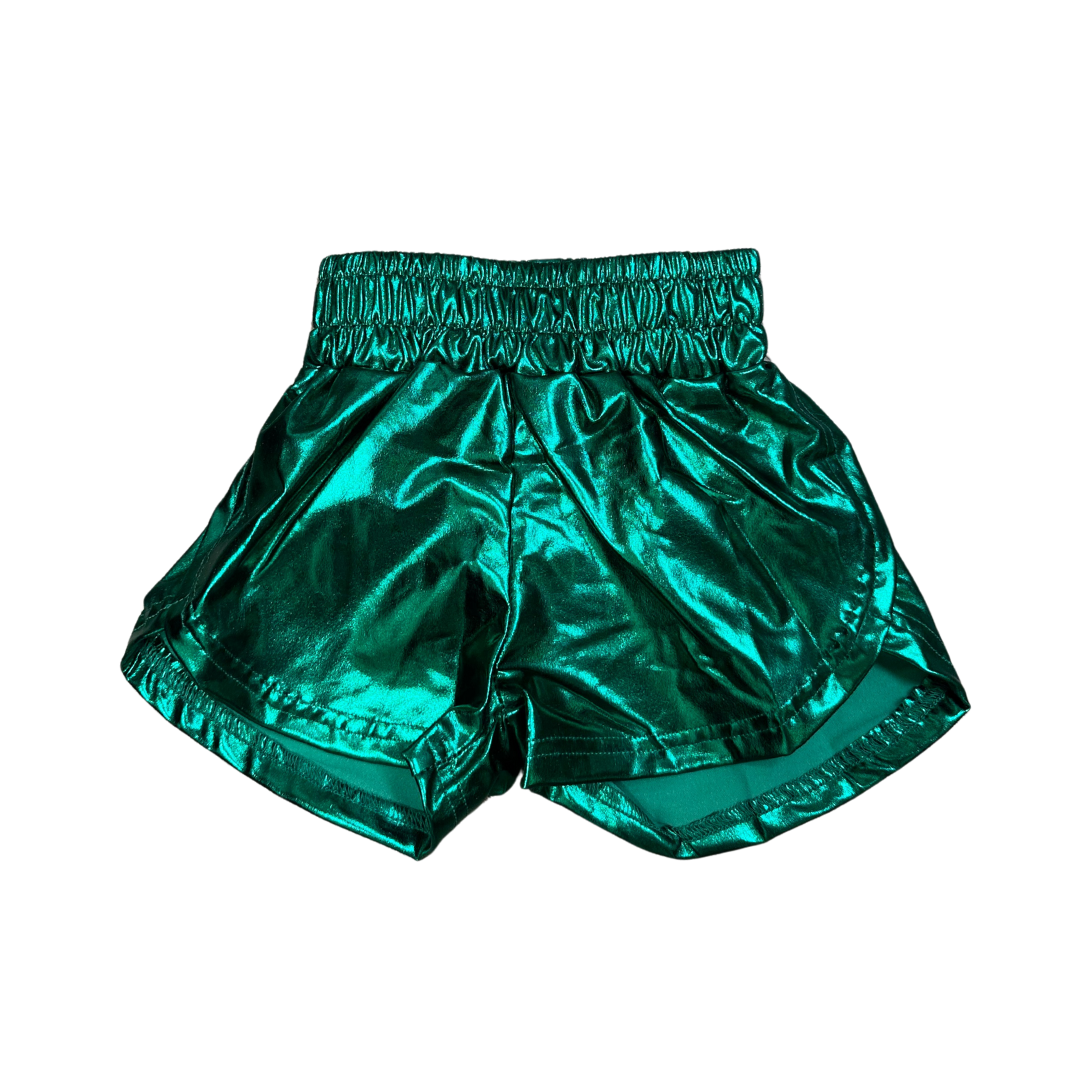 Emerald green metallic shorts with elastic waistband for adults