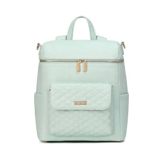 Mint green Monaco Diaper Bag made from premium vegan leather with multiple pockets and crossbody carry options.