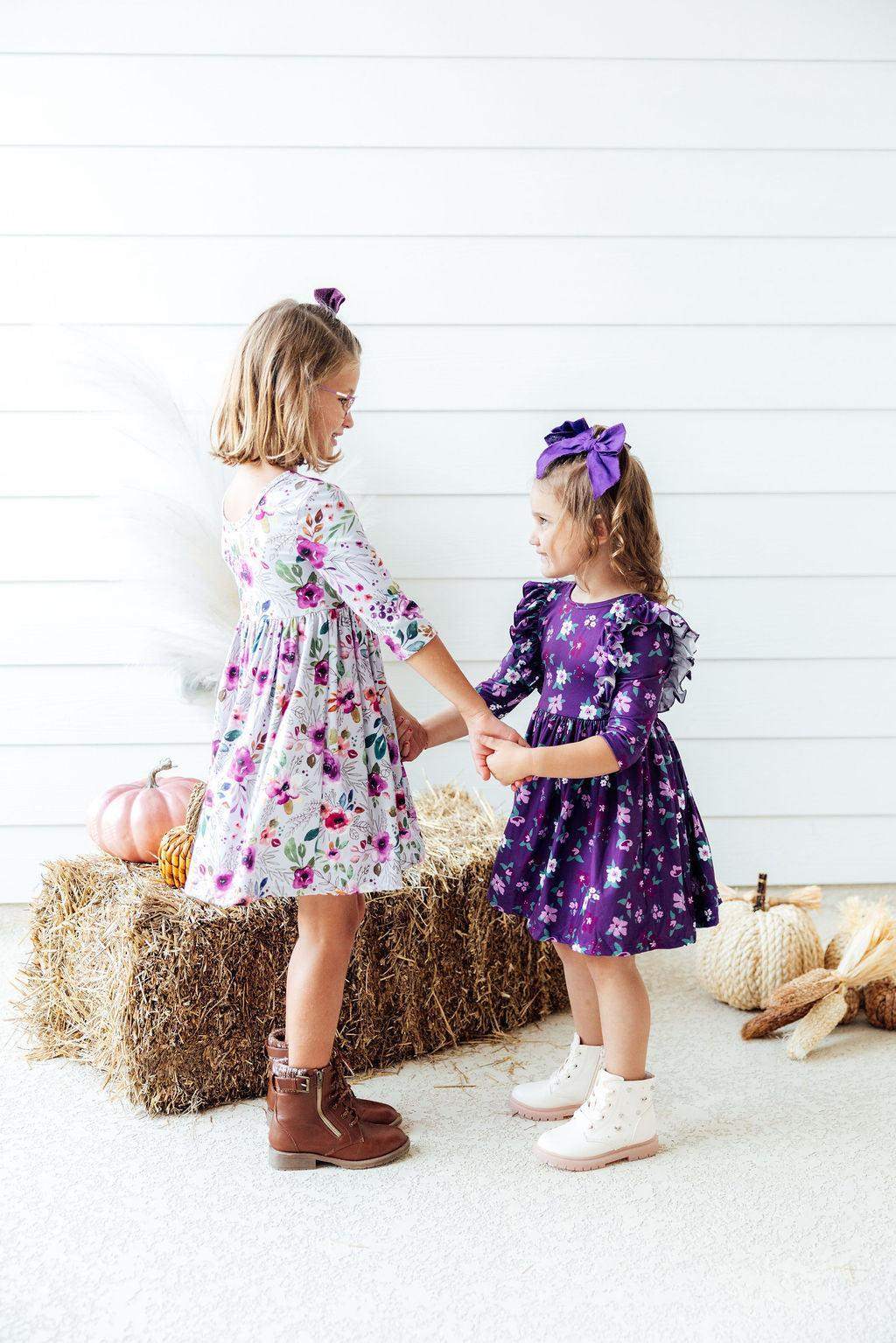 Violets in Bloom 3/4 Sleeve Ruffle Twirl Dress