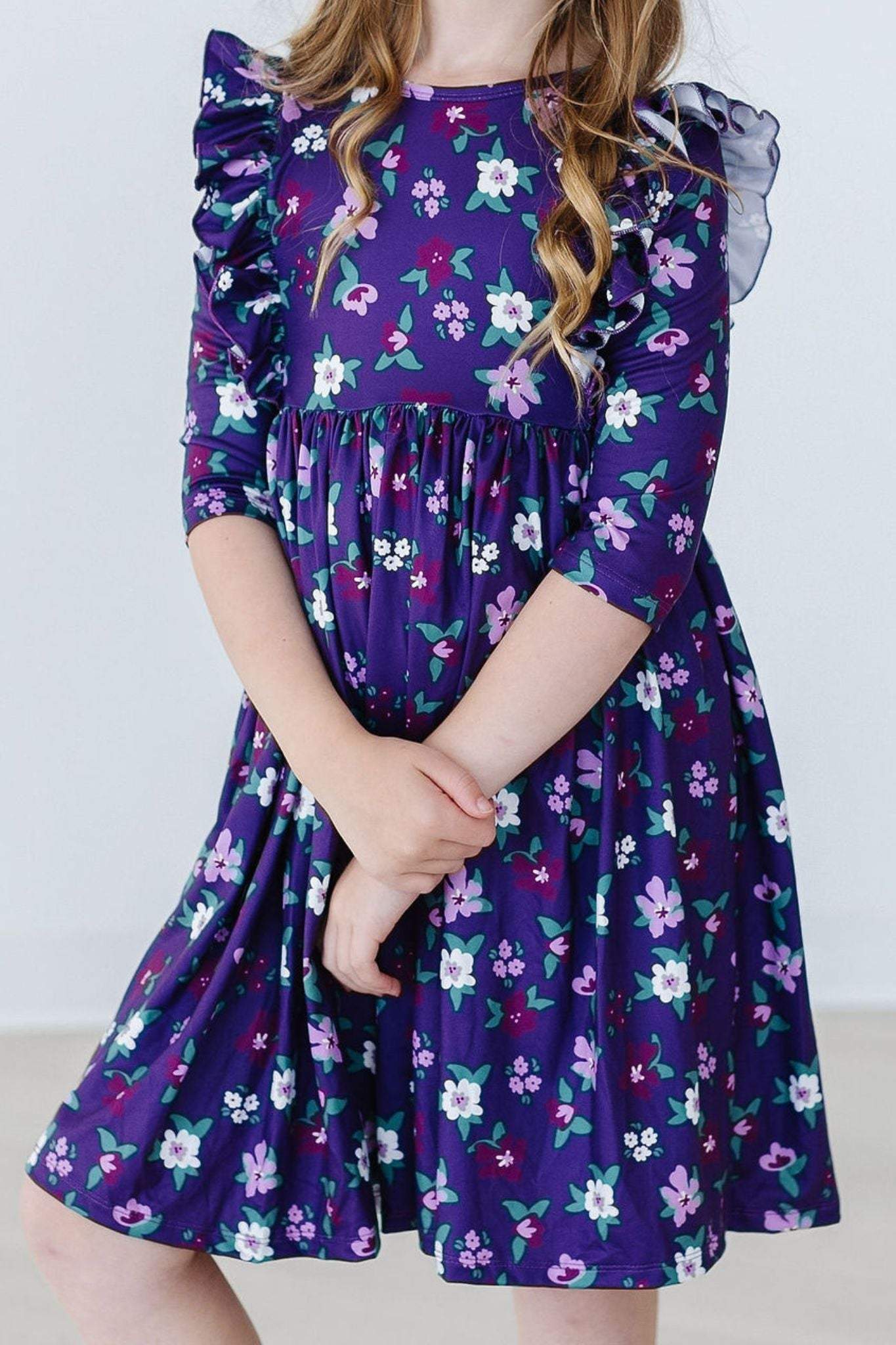 Violets in Bloom 3/4 Sleeve Ruffle Twirl Dress