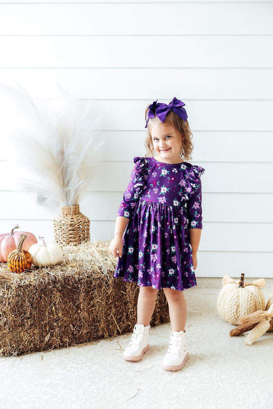 Violets in Bloom 3/4 Sleeve Ruffle Twirl Dress