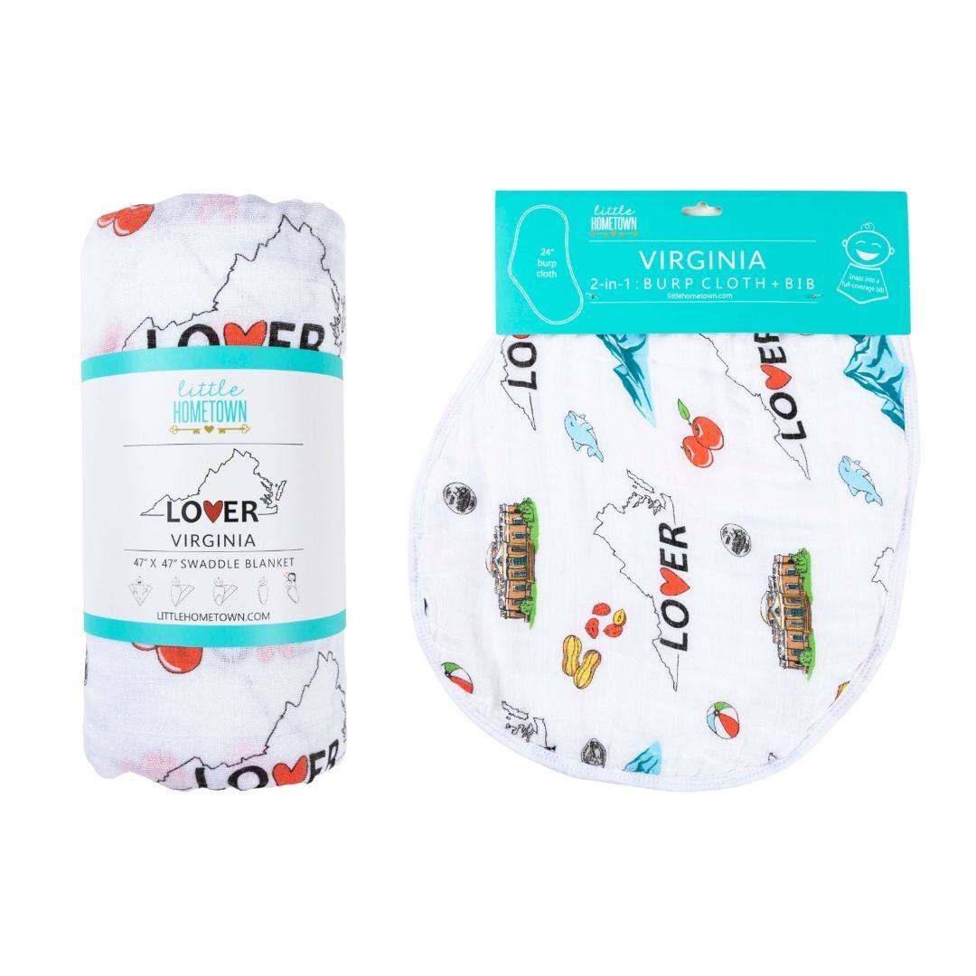 Gift Set: Virginia Baby Muslin Swaddle Blanket and Burp Cloth/Bib Combo back view