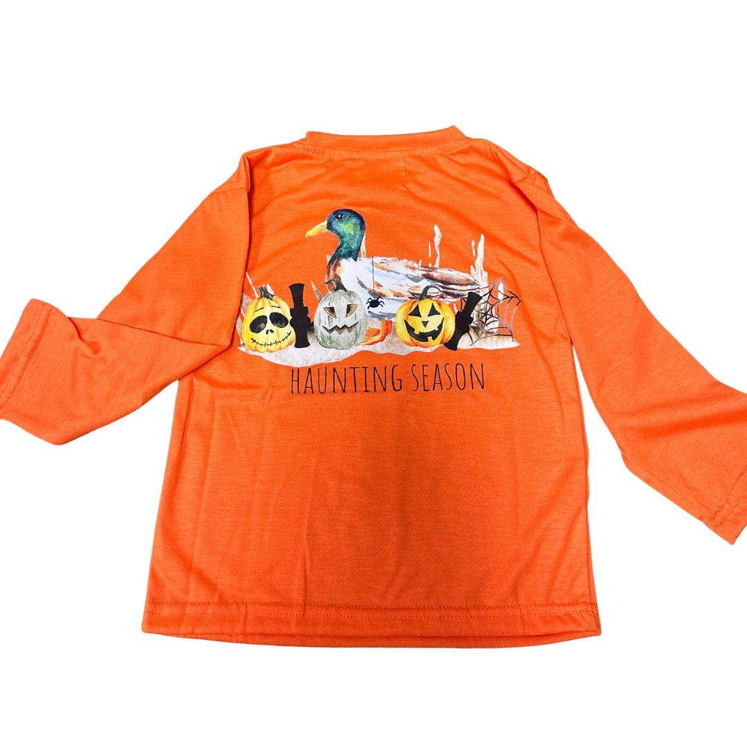 Orange Haunting Season Long Sleeve Kid Shirt with Halloween pumpkin and duck design
