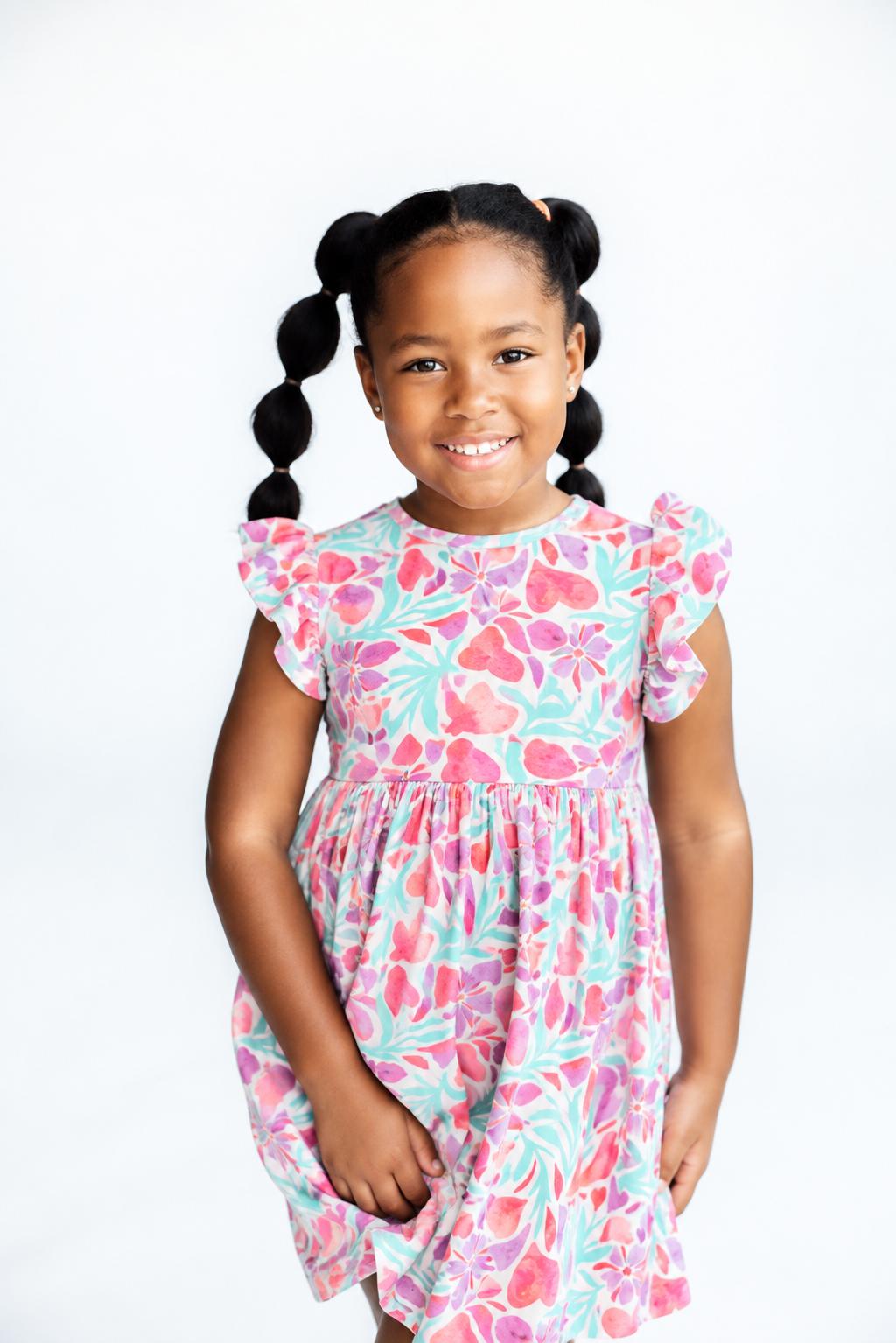 Watercolor Hearts 3/4 Sleeve Pocket Twirl Dress