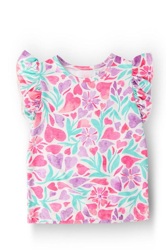 Watercolor Hearts S/S Ruffle Tee