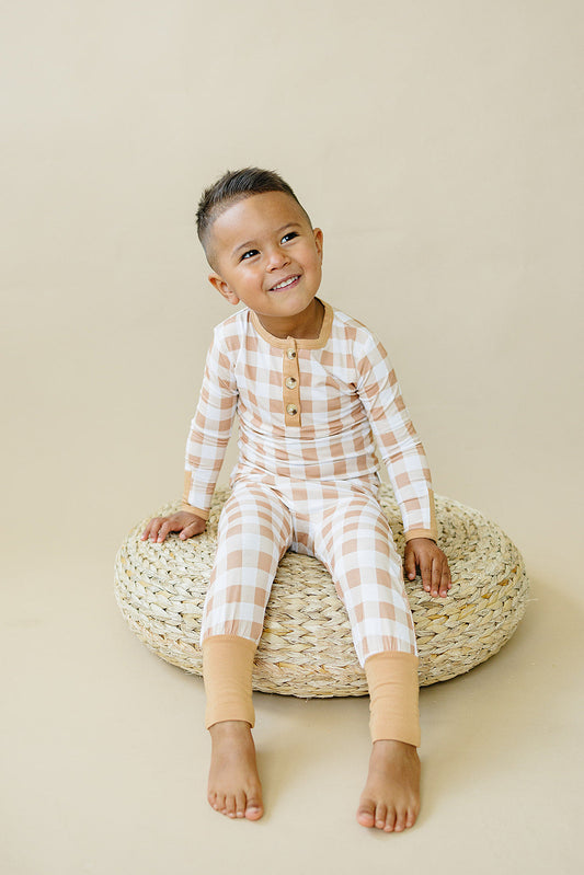 Golden Gingham 2pc Henley Bamboo Pajamas - Sizes Newborn & Up