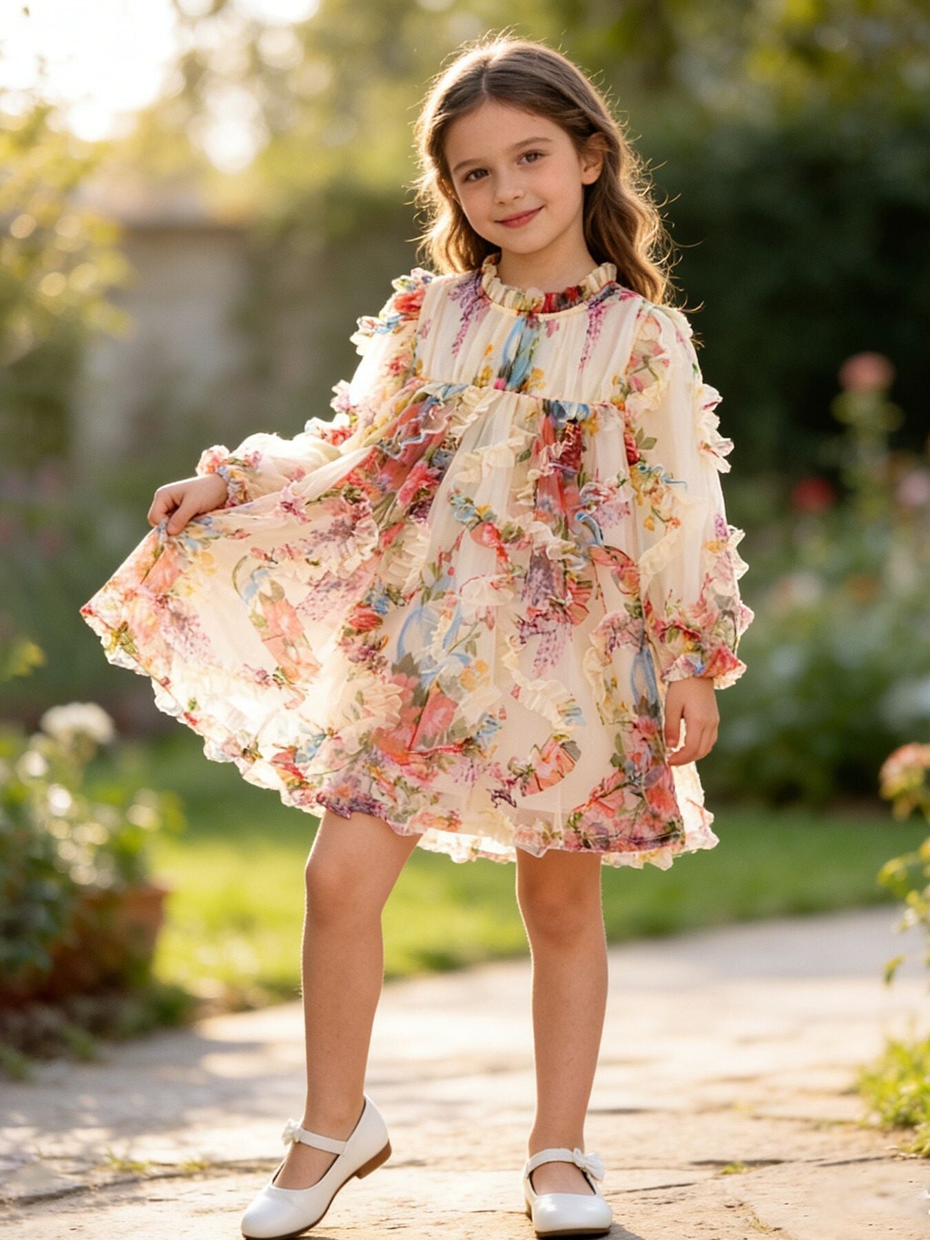 Pastel flower ruffle layered girls dress front view