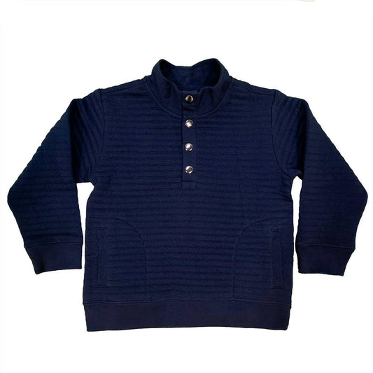 Boys navy quilted pullover with button closure and embroidered detail.