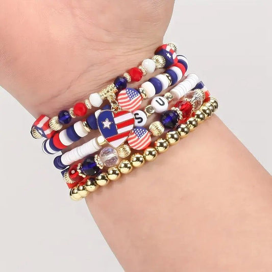 American Flag-themed beaded stretch bracelet with red, white, and blue design.