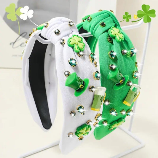 Shamrock St Patrick's Day headbands with green and white designs featuring clovers and themed decorations.