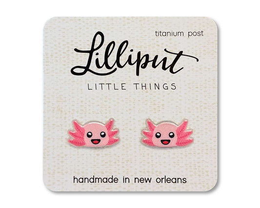 Lilliput Little Things axolotl earrings with hypoallergenic titanium posts, waterproof and fade-proof acrylic design, handmade in New Orleans