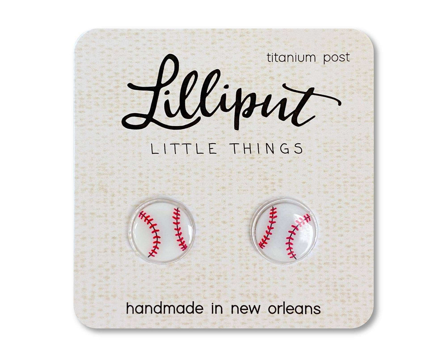 Lilliput Little Things handmade baseball stud earrings with hypoallergenic titanium posts and waterproof vibrant print