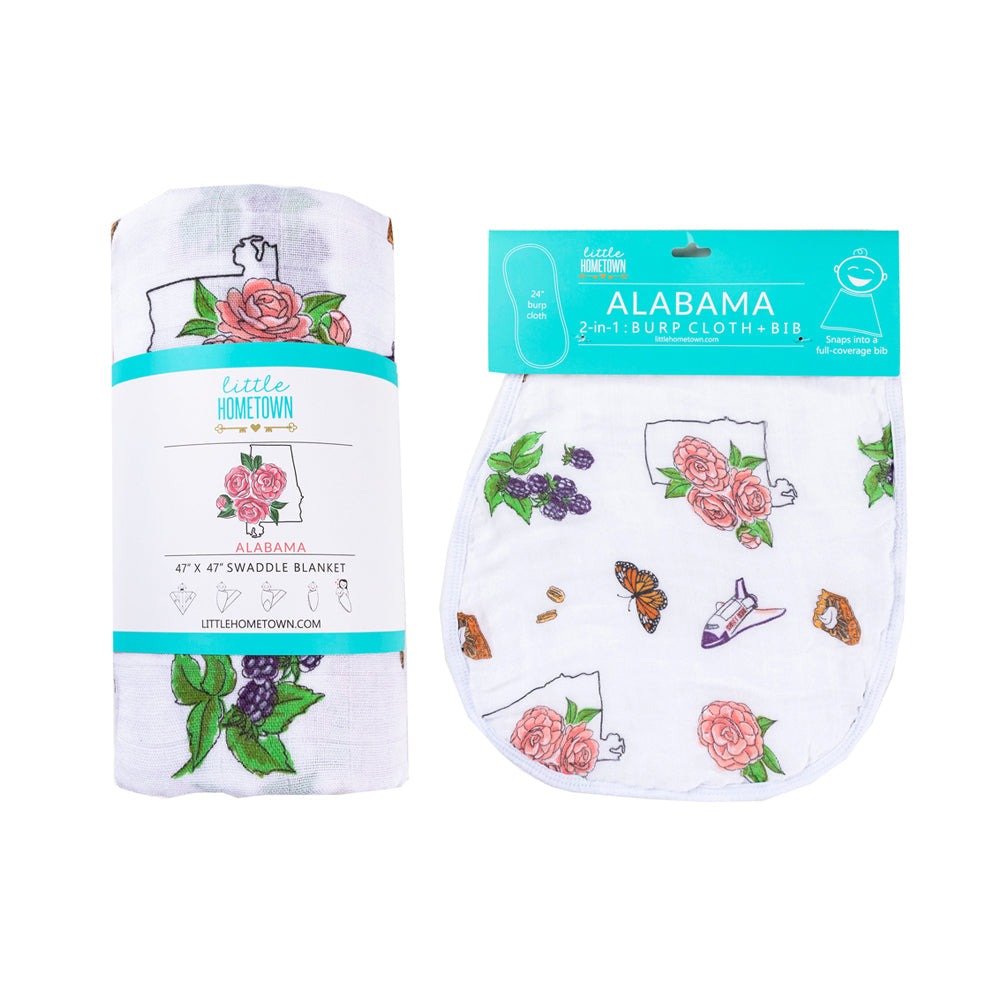 Gift Set: Alabama Floral Baby Muslin Swaddle Blanket and Burp Cloth/Bib Combo styling detail