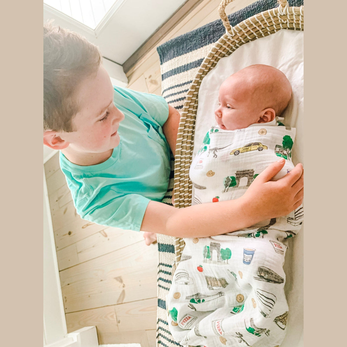 Gift Set: New York City Baby Muslin Swaddle Blanket and Burp Cloth/Bib Combo Extra Large Bamboo Cotton