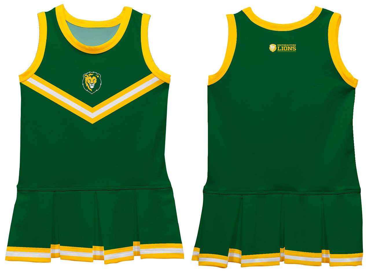 Vive La Fete Southeastern Louisiana Lions sleeveless cheerleader dress with pleated skirt and team logo in green and yellow colors