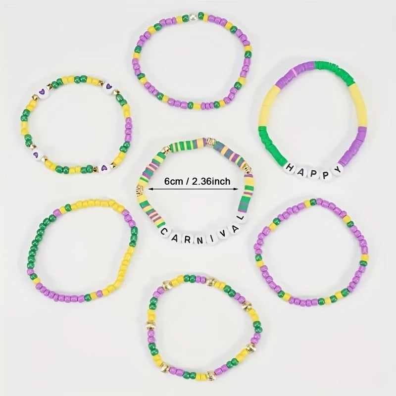 Mardi Gras Beaded Bracelet Set (7-Pack) – Stretchy Multi-Layer Elastic Wristbands, Assorted Styles