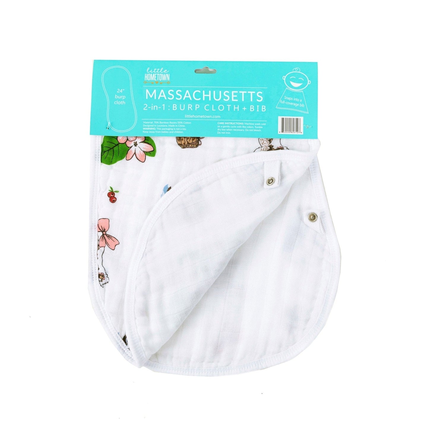 Gift Set: Massachusetts Floral Baby Muslin Swaddle Blanket and Burp Cloth/Bib Combo