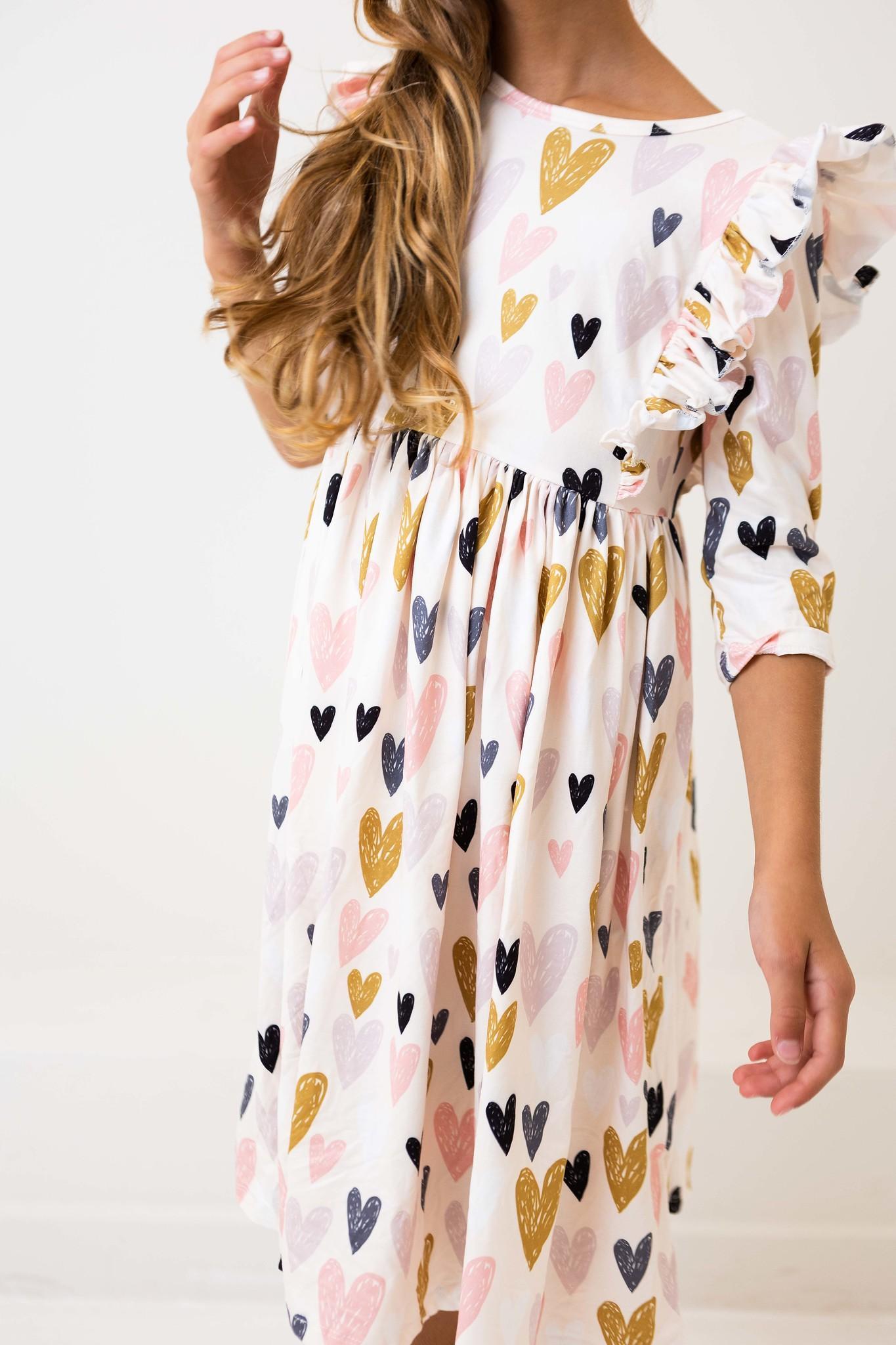 I Heart You 3/4 Sleeve Ruffle Twirl Dress