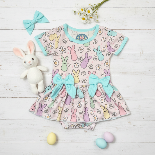 Pastel bamboo bunny romper dress with snap bottom